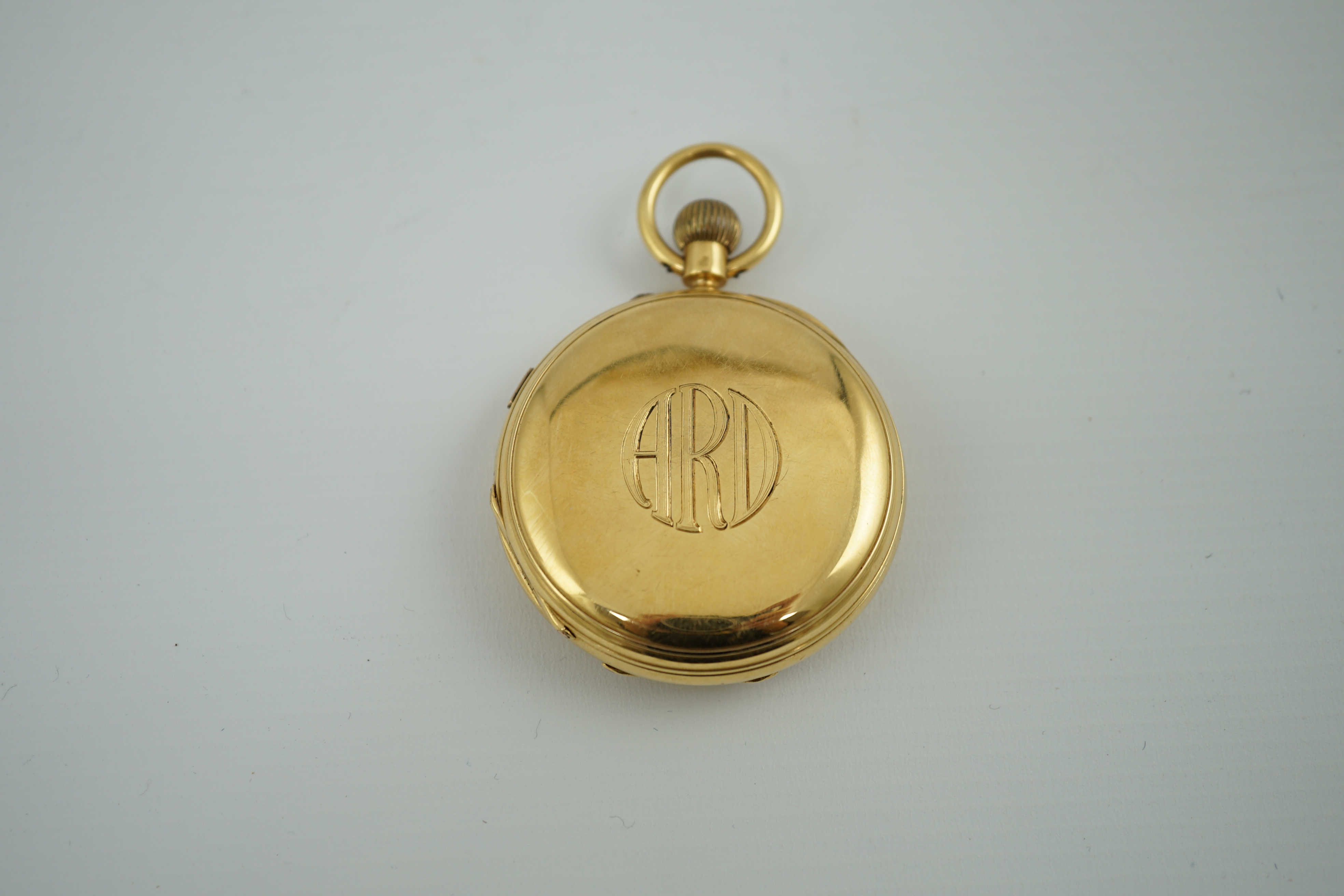 A late Victorian 18ct gold half hunter chronograph keyless pocket watch